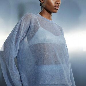 Karen Millen Blue Semi-sheer Metallic Thread Knit Jumper Crewneck Sweater Size M